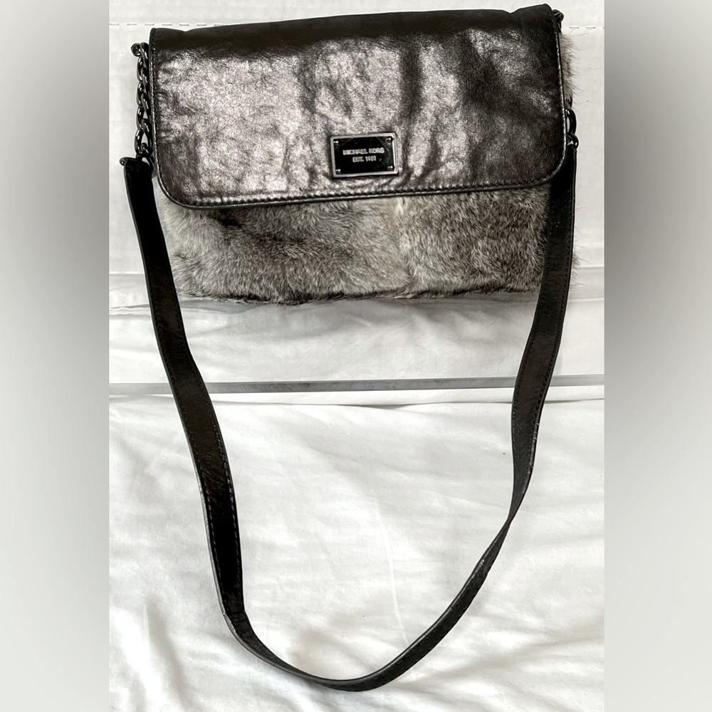 Michael Michael Kors Rabbit Fur and Gunmetal Leather Shoulder Bag